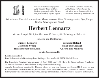 Anzeige von Herbert Lennartz von  Wochenende 