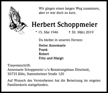 Anzeige von Herbert Schoppmeier von Kölner Stadt-Anzeiger / Kölnische Rundschau / Express