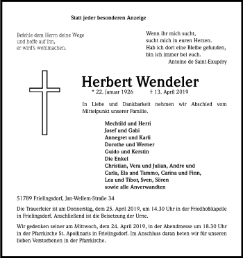 Anzeige von Herbert Wendeler von Kölner Stadt-Anzeiger / Kölnische Rundschau / Express