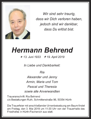 Anzeige von Hermann Behrend von  Wochenende 