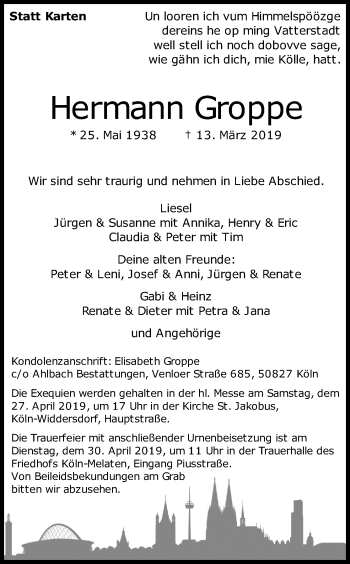Anzeige von Hermann Groppe von Kölner Stadt-Anzeiger / Kölnische Rundschau / Express