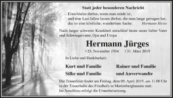 Anzeige von Hermann Jürges von  Lokalanzeiger 