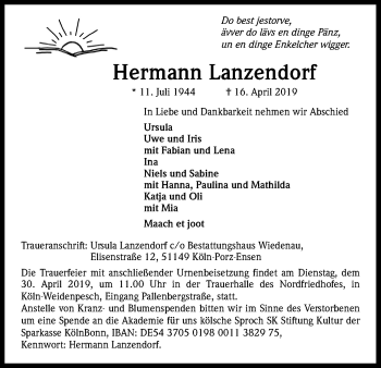 Anzeige von Hermann Lanzendorf von Kölner Stadt-Anzeiger / Kölnische Rundschau / Express