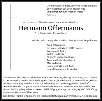 Anzeige von Hermann Offermanns von Kölner Stadt-Anzeiger / Kölnische Rundschau / Express