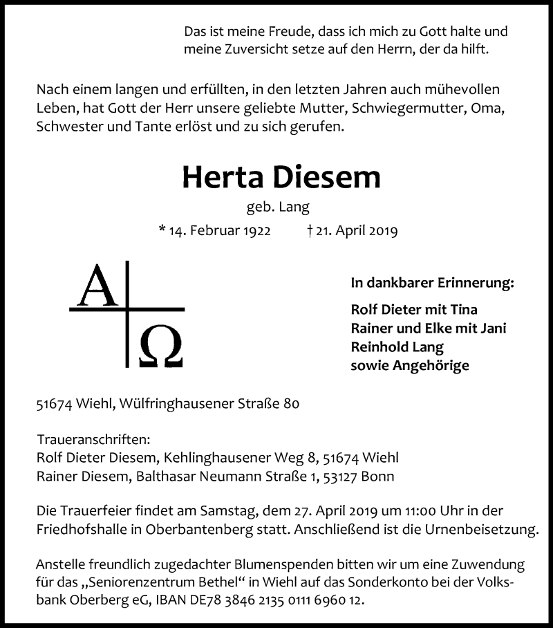  Traueranzeige für Herta Diesem vom 25.04.2019 aus Kölner Stadt-Anzeiger / Kölnische Rundschau / Express