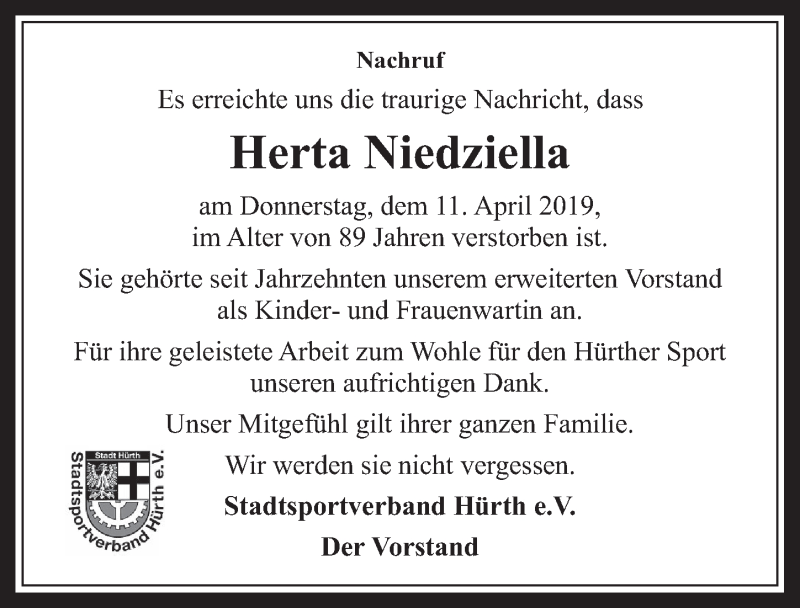  Traueranzeige für Herta Niedziella vom 24.04.2019 aus  Wochenende 