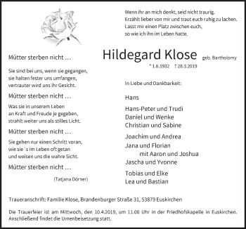 Anzeige von Hildegard Klose von  Blickpunkt Euskirchen 