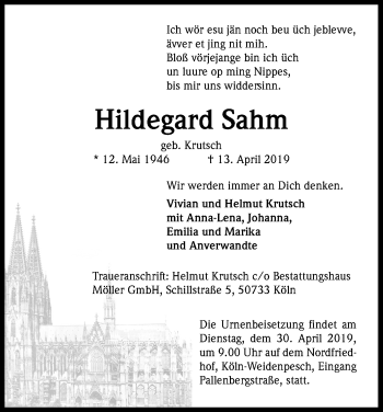 Anzeige von Hildegard Sahm von Kölner Stadt-Anzeiger / Kölnische Rundschau / Express
