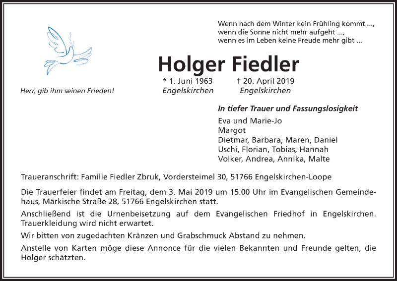  Traueranzeige für Holger Fiedler vom 27.04.2019 aus Kölner Stadt-Anzeiger / Kölnische Rundschau / Express