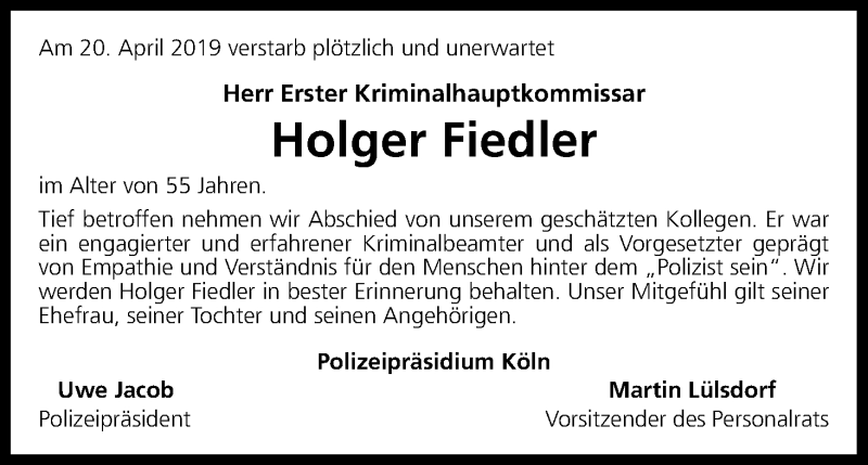  Traueranzeige für Holger Fiedler vom 27.04.2019 aus Kölner Stadt-Anzeiger / Kölnische Rundschau / Express