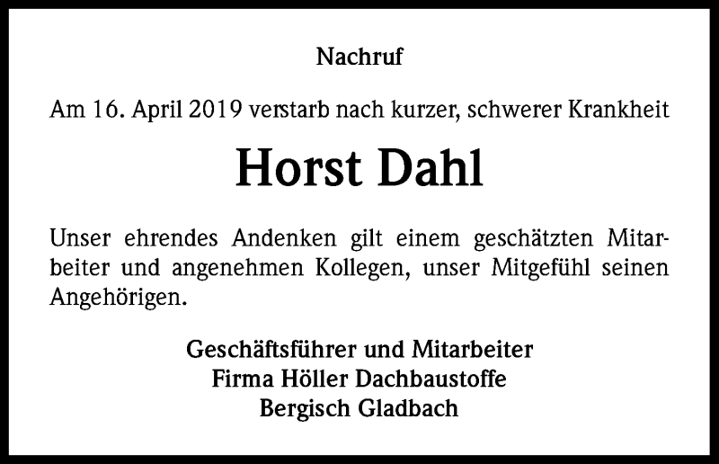  Traueranzeige für Horst Dahl vom 25.04.2019 aus Kölner Stadt-Anzeiger / Kölnische Rundschau / Express