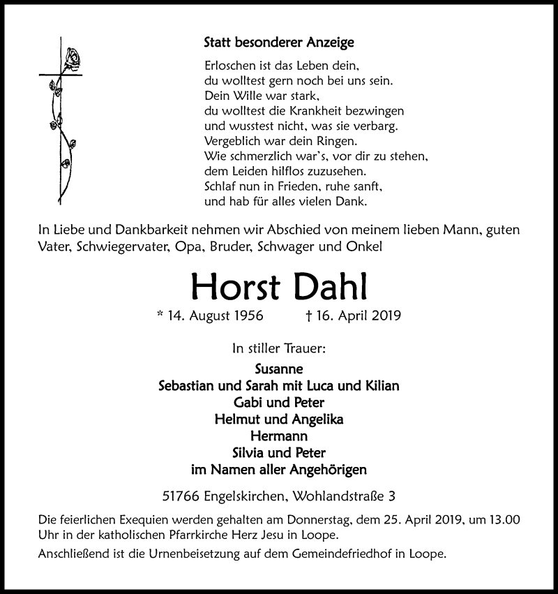  Traueranzeige für Horst Dahl vom 20.04.2019 aus Kölner Stadt-Anzeiger / Kölnische Rundschau / Express