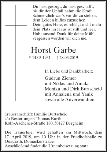 Anzeige von Horst Garbe von  Sonntags-Post 