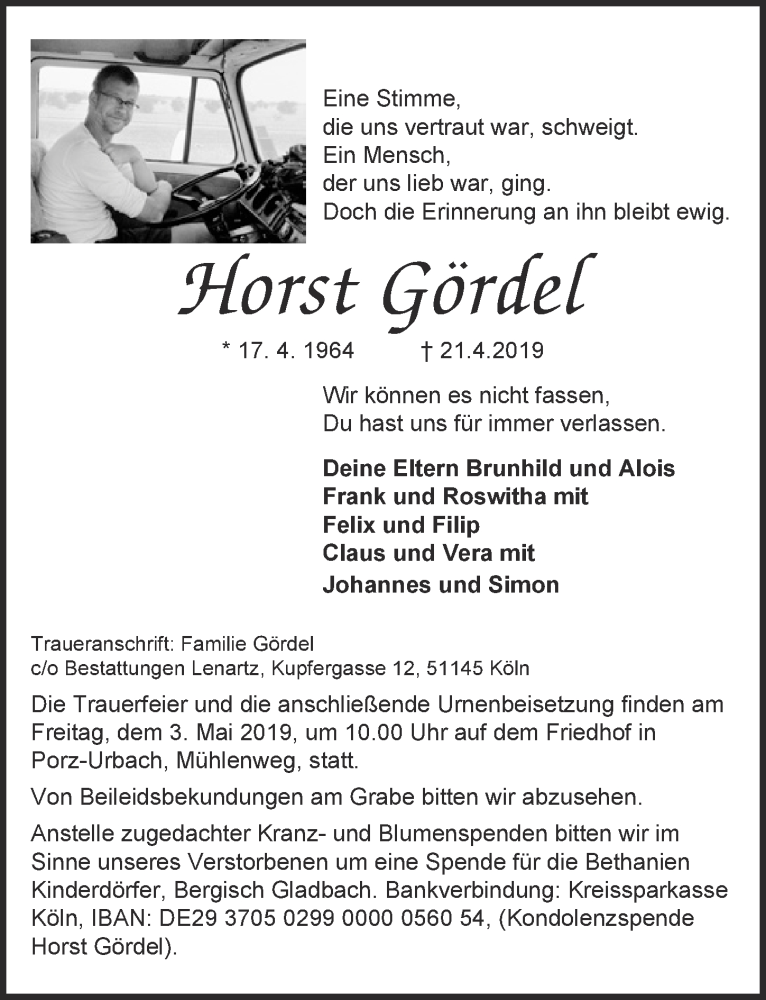  Traueranzeige für Horst Gördel vom 30.04.2019 aus  Kölner Wochenspiegel 