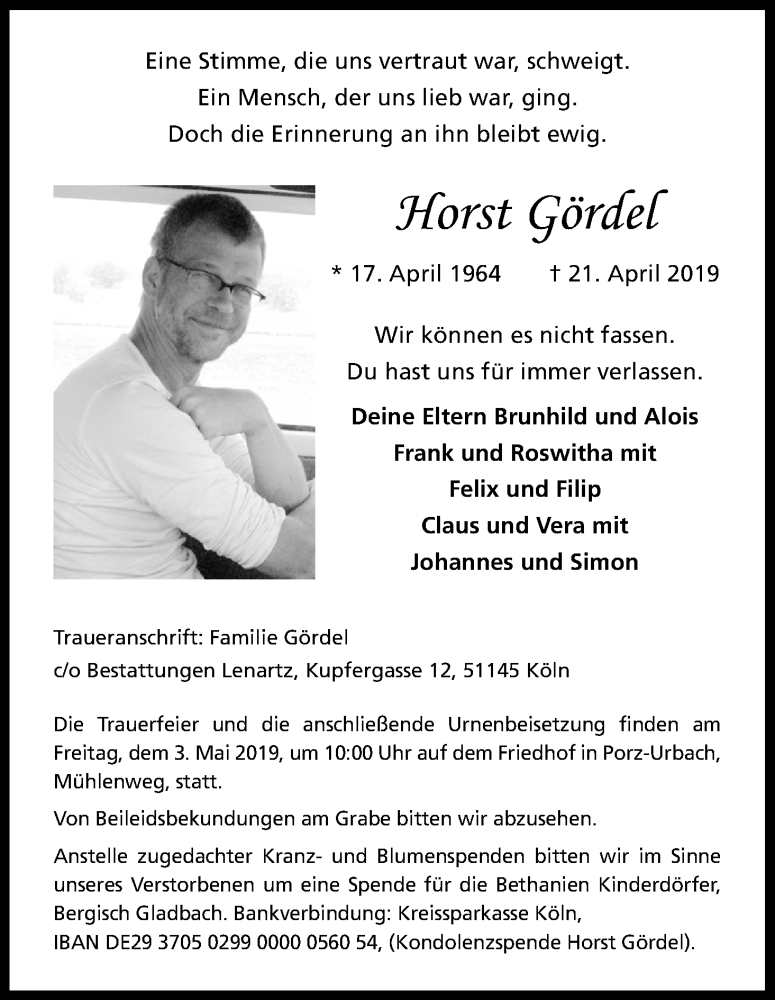  Traueranzeige für Horst Gördel vom 27.04.2019 aus Kölner Stadt-Anzeiger / Kölnische Rundschau / Express