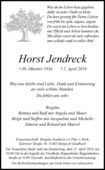 Anzeige von Horst Jendreck von Kölner Stadt-Anzeiger / Kölnische Rundschau / Express