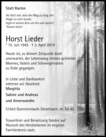 Anzeige von Horst Lieder von Kölner Stadt-Anzeiger / Kölnische Rundschau / Express