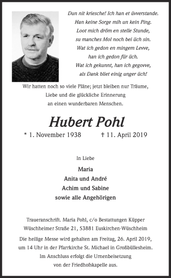 Anzeige von Hubert Pohl von  Blickpunkt Euskirchen 