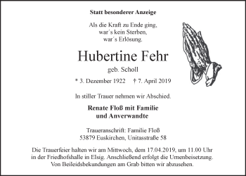 Anzeige von Hubertine Fehr von  Blickpunkt Euskirchen 