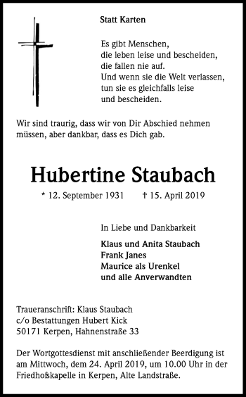 Anzeige von Hubertine Staubach von Kölner Stadt-Anzeiger / Kölnische Rundschau / Express