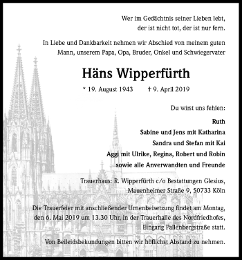 Anzeige von Häns Wipperfürth von Kölner Stadt-Anzeiger / Kölnische Rundschau / Express