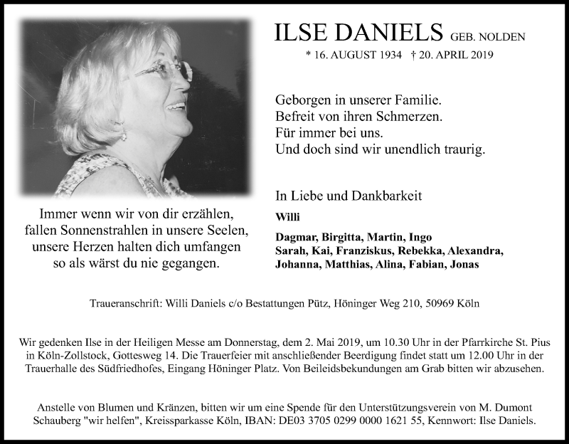  Traueranzeige für Ilse  Daniels vom 27.04.2019 aus Kölner Stadt-Anzeiger / Kölnische Rundschau / Express