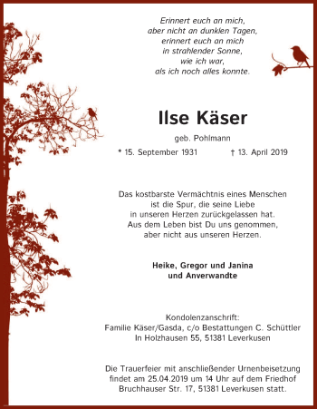Anzeige von Ilse Käser von Kölner Stadt-Anzeiger / Kölnische Rundschau / Express