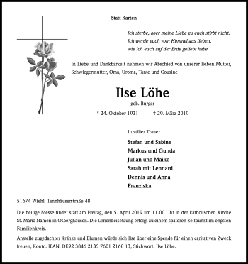 Anzeige von Ilse Löhe von Kölner Stadt-Anzeiger / Kölnische Rundschau / Express