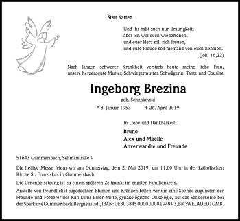Anzeige von Ingeborg Brezina von Kölner Stadt-Anzeiger / Kölnische Rundschau / Express