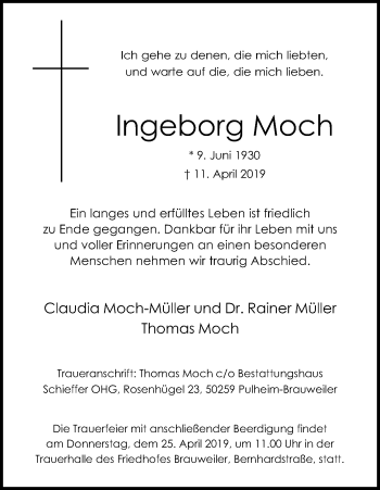 Anzeige von Ingeborg Moch von Kölner Stadt-Anzeiger / Kölnische Rundschau / Express