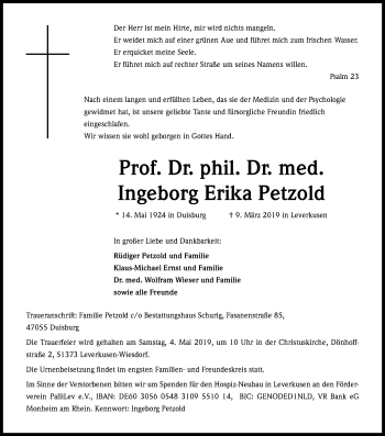 Anzeige von Ingeborg Erika Petzold von Kölner Stadt-Anzeiger / Kölnische Rundschau / Express