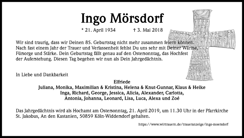  Traueranzeige für Ingo, Elfriede & Monika Mörsdorf vom 18.04.2019 aus Kölner Stadt-Anzeiger / Kölnische Rundschau / Express