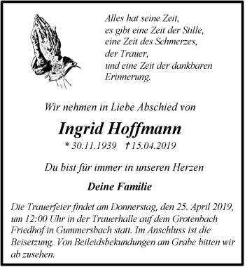 Anzeige von Ingrid Hoffmann von  Anzeigen Echo 