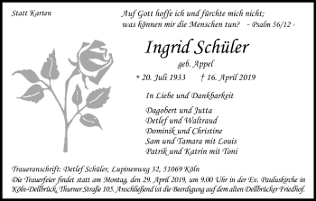 Anzeige von Ingrid Schüler von Kölner Stadt-Anzeiger / Kölnische Rundschau / Express