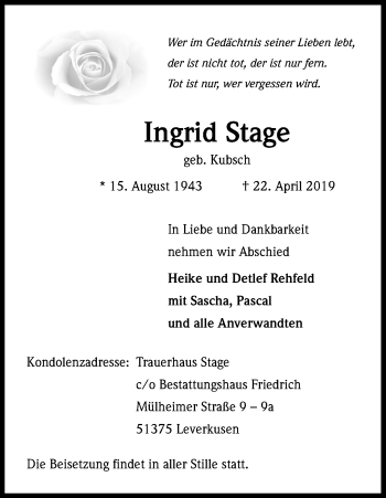 Anzeige von Ingrid Stage von Kölner Stadt-Anzeiger / Kölnische Rundschau / Express