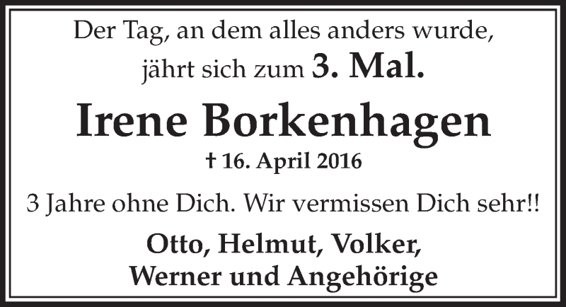  Traueranzeige für Irene Borkenhagen vom 10.04.2019 aus  Schlossbote/Werbekurier 