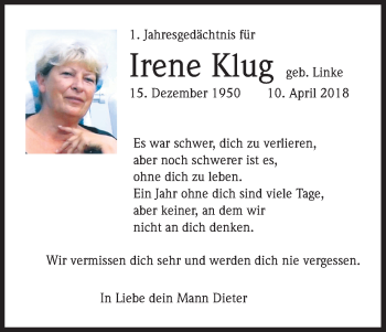 Anzeige von Irene Klug von Kölner Stadt-Anzeiger / Kölnische Rundschau / Express