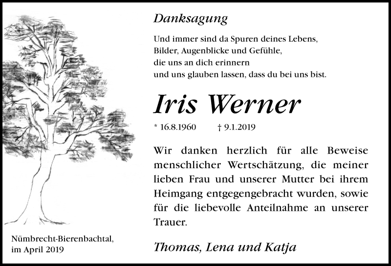 Traueranzeige für Iris Werner vom 10.04.2019 aus  Anzeigen Echo  Lokalanzeiger 