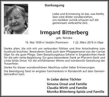 Anzeige von Irmgard Bitterberg von  Anzeigen Echo 