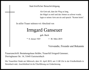 Anzeige von Irmgard Ganseuer von Kölner Stadt-Anzeiger / Kölnische Rundschau / Express