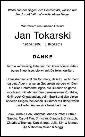 Anzeige von Jan Tokarski von Kölner Stadt-Anzeiger / Kölnische Rundschau / Express