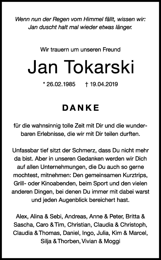  Traueranzeige für Jan Tokarski vom 26.04.2019 aus Kölner Stadt-Anzeiger / Kölnische Rundschau / Express