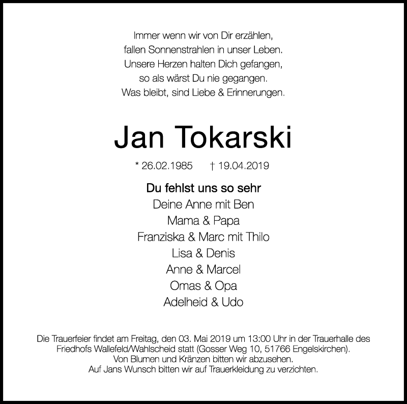  Traueranzeige für Jan Tokarski vom 26.04.2019 aus Kölner Stadt-Anzeiger / Kölnische Rundschau / Express