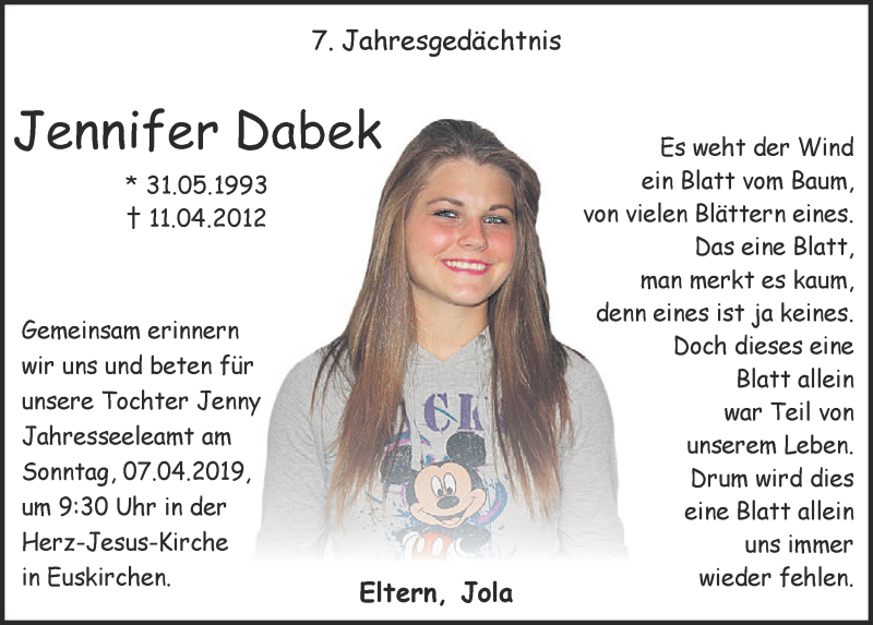  Traueranzeige für Jennifer Dabek vom 06.04.2019 aus  Blickpunkt Euskirchen 