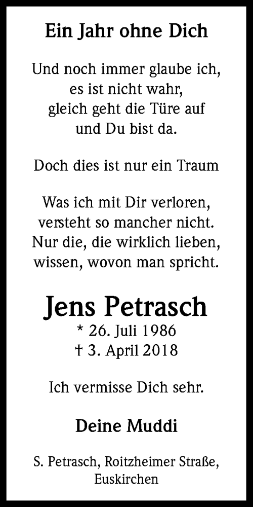  Traueranzeige für Jens Petrasch vom 03.04.2019 aus Kölner Stadt-Anzeiger / Kölnische Rundschau / Express