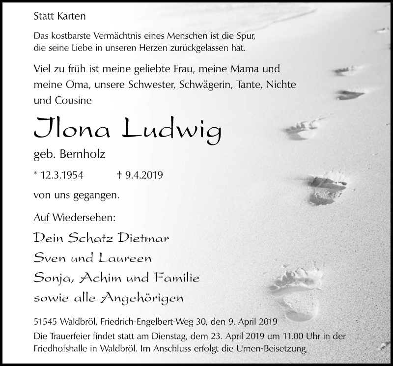  Traueranzeige für Ilona Lutdwig vom 17.04.2019 aus  Lokalanzeiger 