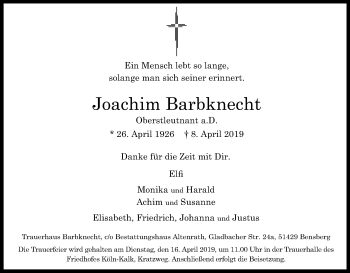 Anzeige von Joachim Barbknecht von Kölner Stadt-Anzeiger / Kölnische Rundschau / Express