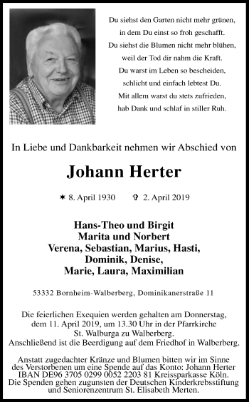 Anzeige von Johann Herter von Kölner Stadt-Anzeiger / Kölnische Rundschau / Express