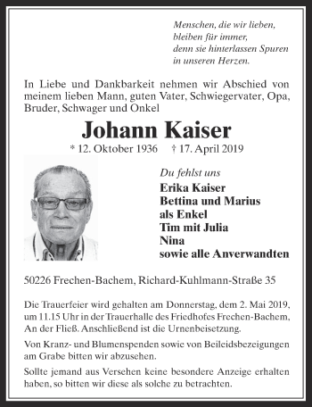 Anzeige von Johann Kaiser von  Sonntags-Post 