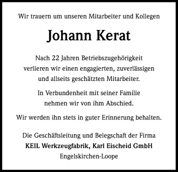 Anzeige von Johann Kerat von Kölner Stadt-Anzeiger / Kölnische Rundschau / Express